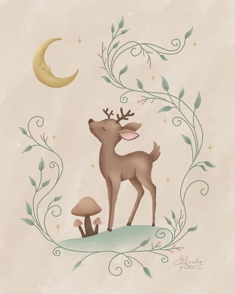 Whimsical deer beneath a crescent moon surrounded by delicate botanical vines, from the Dreamflow Forest collection by Bamboo Visual.