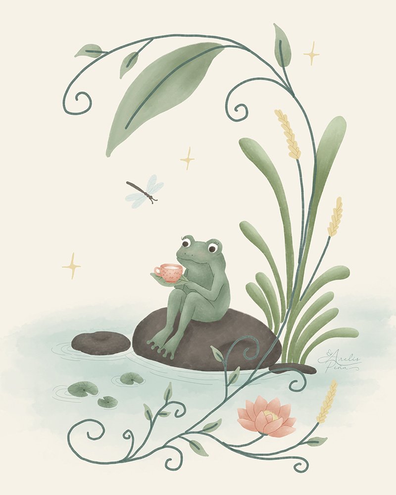 Whimsical green frog enjoying tea by a peaceful pond with botanical leaves and a pink water lily, illustration by Bamboo Visual.
