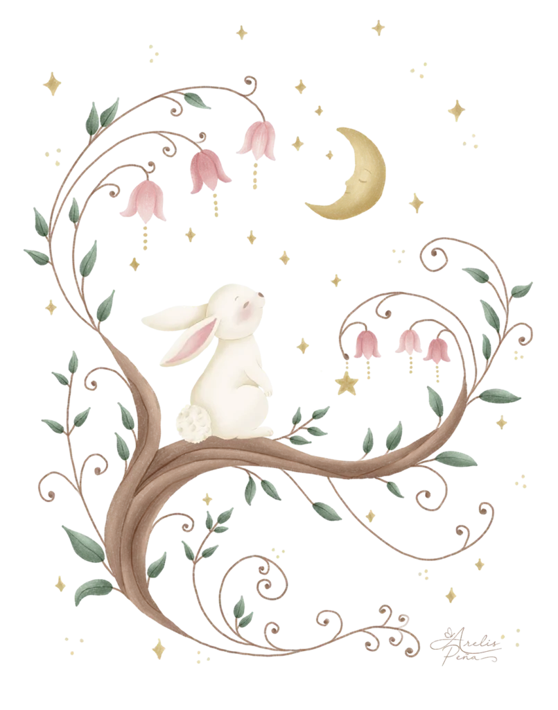 White bunny sitting on a flowering branch beneath a crescent moon, whimsical botanical illustration by Bamboo Visual.