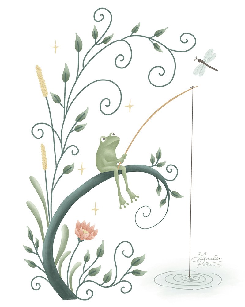 Whimsical green frog fishing among delicate botanical vines and pond plants, original illustration by Bamboo Visual.