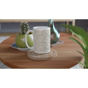 Botanical floral ceramic mug with soft pink and green illustration